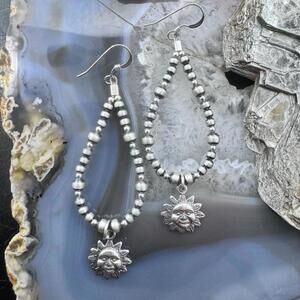 Native American Sterling 2-3 mm Navajo Pearl Beads w/Sun Charm Dangle Earrings